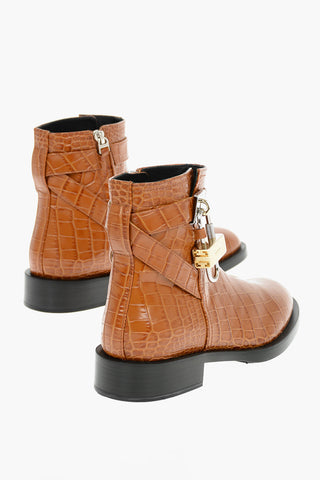 Croco Printed Leather Ankle Boots with Logoed Lock Buckle