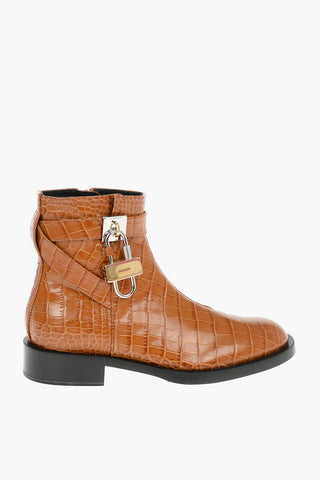 Croco Printed Leather Ankle Boots with Logoed Lock Buckle