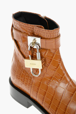 Croco Printed Leather Ankle Boots with Logoed Lock Buckle