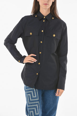 Double Breast-pocket Cotton Poplin Shirt with Logoed Brass Buttons