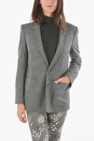 Blazer Foderato in Herringbone di Lana con Revers Classico
