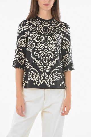 S MAX MARA Printed ALFONSA Satin Silk Blouse with 3/4 Sleeves