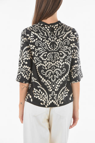 S MAX MARA Printed ALFONSA Satin Silk Blouse with 3/4 Sleeves