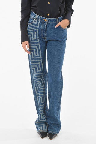 Iconic Greek Printed Denim Flared Jeans with MEDUSA Detail