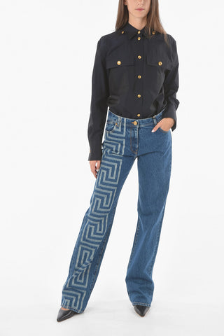 Iconic Greek Printed Denim Flared Jeans with MEDUSA Detail