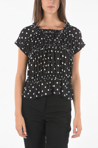Rouched Dot Print Short Sleeved Blouse