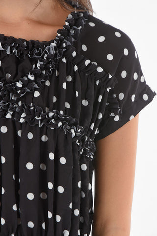 Rouched Dot Print Short Sleeved Blouse