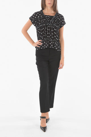 Rouched Dot Print Short Sleeved Blouse