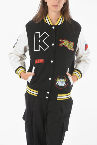 Wool Blend VARSITY Quilted Bomber with Leather Sleeves and Logo Patches