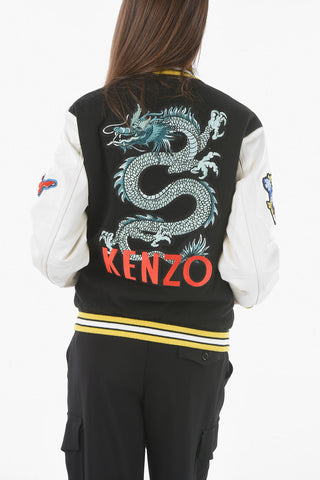 Wool Blend VARSITY Quilted Bomber with Leather Sleeves and Logo Patches