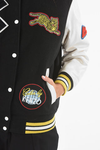 Wool Blend VARSITY Quilted Bomber with Leather Sleeves and Logo Patches
