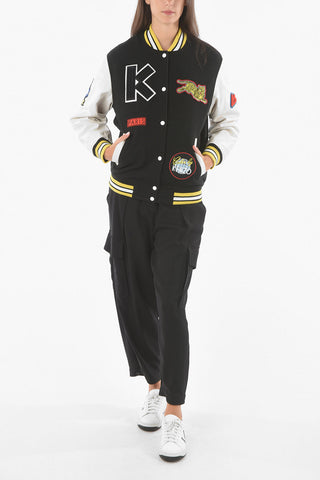 Wool Blend VARSITY Quilted Bomber with Leather Sleeves and Logo Patches