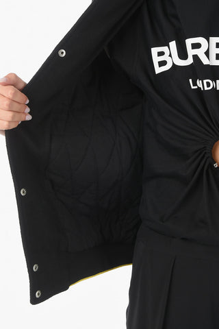 Wool Blend VARSITY Quilted Bomber with Leather Sleeves and Logo Patches