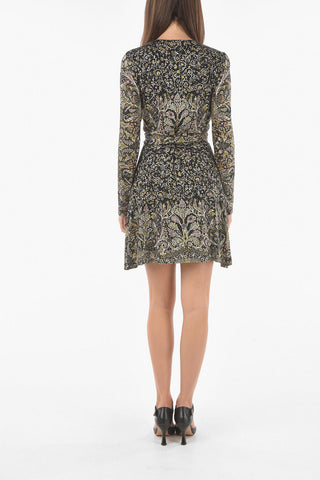 Floral Long-sleeved Flared Dress with Tie Belt