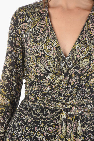 Floral Long-sleeved Flared Dress with Tie Belt