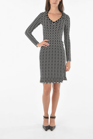Jacquard Long-sleeved Bodycon Dress with Fringed Hem