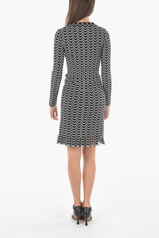 Jacquard Long-sleeved Bodycon Dress with Fringed Hem