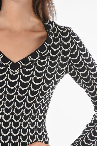 Jacquard Long-sleeved Bodycon Dress with Fringed Hem