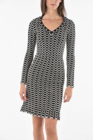 Jacquard Long-sleeved Bodycon Dress with Fringed Hem
