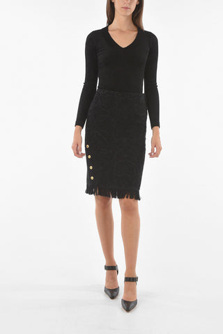 Floral Pattern Buttoned Fringed Pencil Longuette