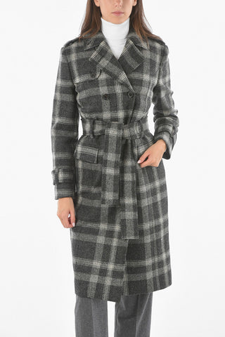 Madras Checkered Wool Double-breasted Coat with Tricolor Belt