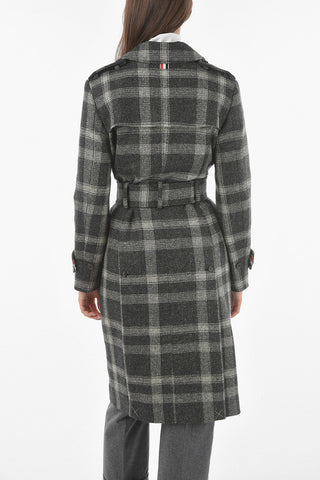 Madras Checkered Wool Double-breasted Coat with Tricolor Belt
