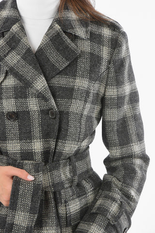 Madras Checkered Wool Double-breasted Coat with Tricolor Belt
