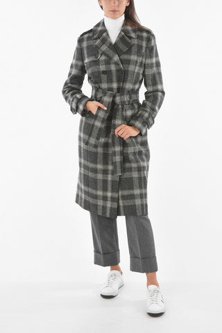 Madras Checkered Wool Double-breasted Coat with Tricolor Belt