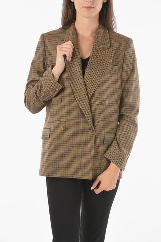 Wool Tattersall Checkered Double-breasted Blazer with Peak Lapel