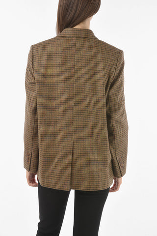Wool Tattersall Checkered Double-breasted Blazer with Peak Lapel