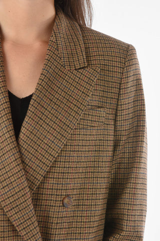 Wool Tattersall Checkered Double-breasted Blazer with Peak Lapel