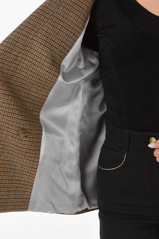Wool Tattersall Checkered Double-breasted Blazer with Peak Lapel