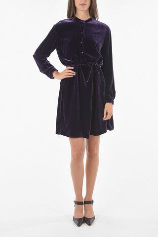 Velour Shirt Dress with Mandarin Collar