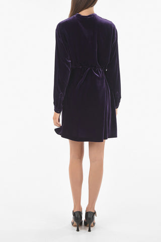 Velour Shirt Dress with Mandarin Collar