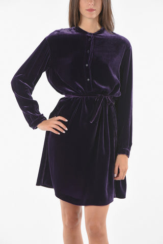 Velour Shirt Dress with Mandarin Collar