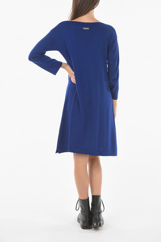 Merino Wool Midi Flared Dress with Boat Neckline