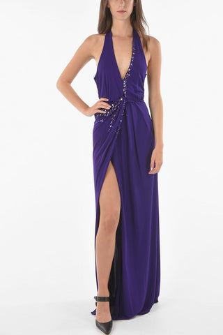 Jewel Neckline Bare Back Wrap Maxi Dress