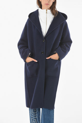 Front Pockets Hooded Wool Blend Coat