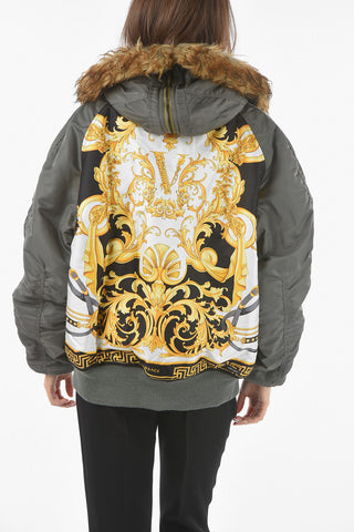 JUNYA WATANABE Real-fur Hooded Padded Puffer with Wild Baroque VERSACE Print