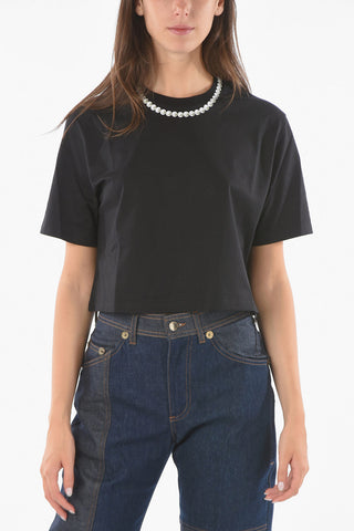 Cropped Crew-Neck T-shirt with Necklace Print