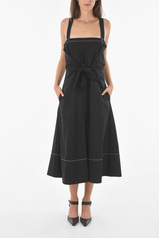 Midi Dress With Contrasting Stitchings and Front Ribbon