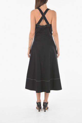 Midi Dress With Contrasting Stitchings and Front Ribbon