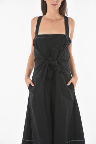 Midi Dress With Contrasting Stitchings and Front Ribbon