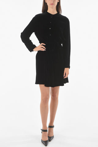 Velour Shirt Dress with Mandarin Collar