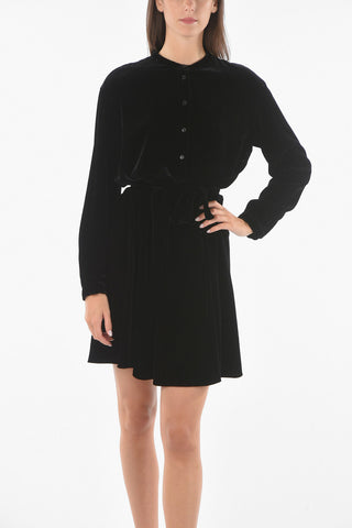 Velour Shirt Dress with Mandarin Collar