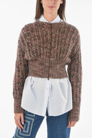 Cashmere Blend Zip-up Cropped Cardigan with Sequins All-over