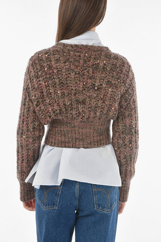 Cashmere Blend Zip-up Cropped Cardigan with Sequins All-over