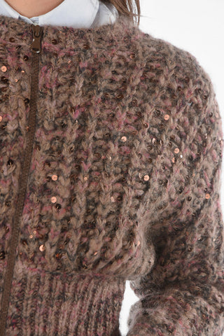 Cashmere Blend Zip-up Cropped Cardigan with Sequins All-over