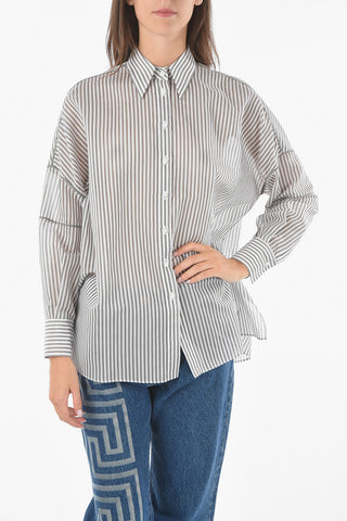 Silk-blend Shirt in Awning Stripe Pattern with Beaded Detaling