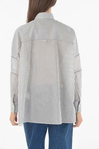Silk-blend Shirt in Awning Stripe Pattern with Beaded Detaling